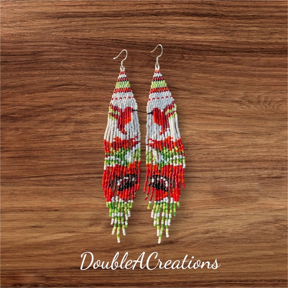 Hummingbirds over Flowers Beaded Earrings with Fringe, New, Handmade by Me - Picture 5 of 9